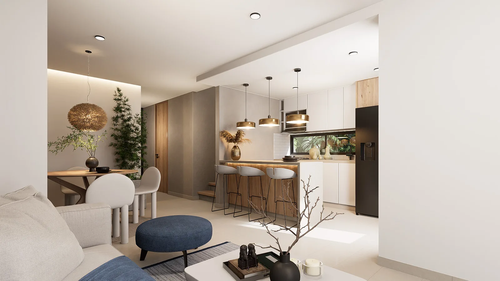 Concepto Aqua — cocina y sala